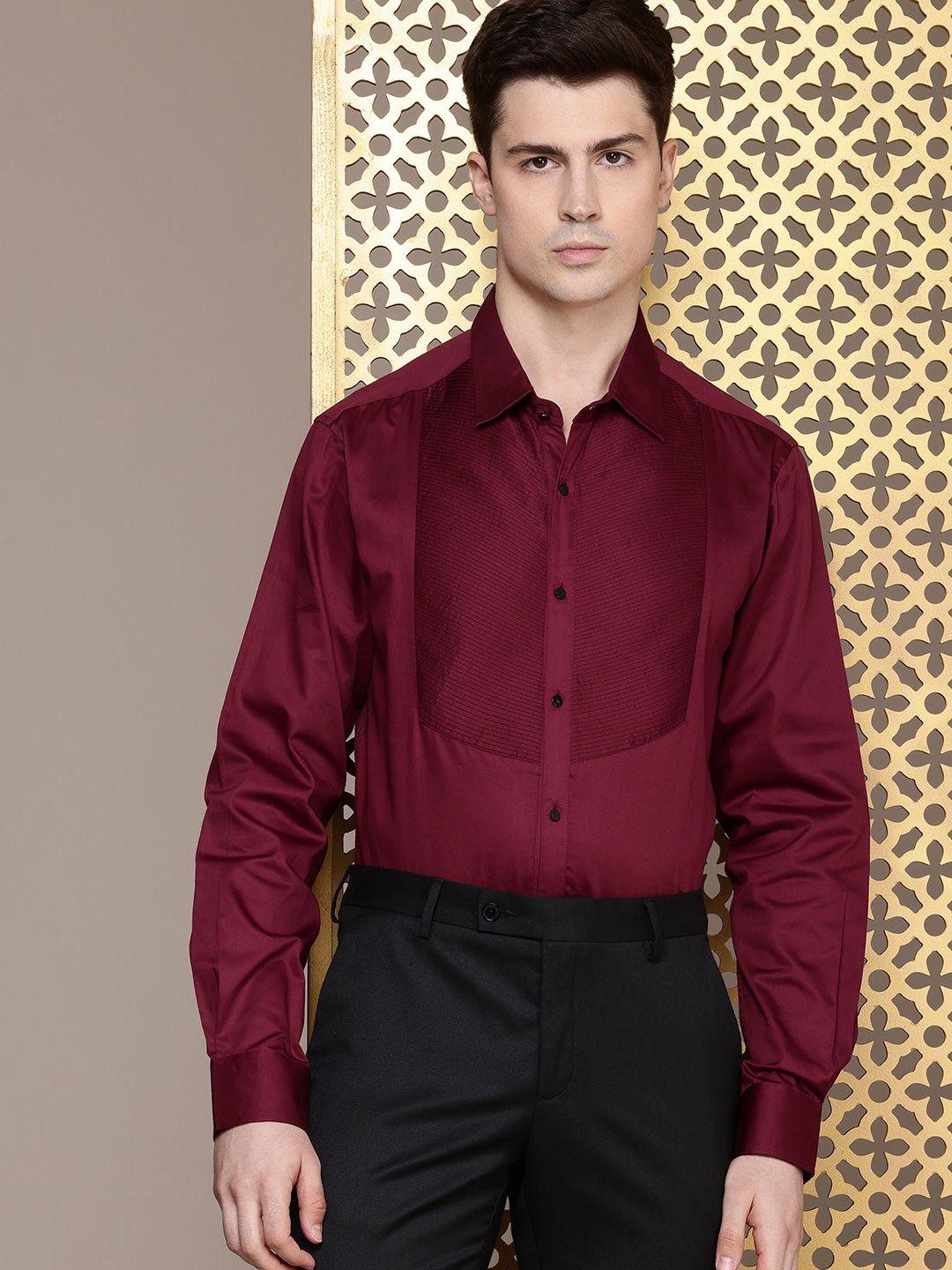 House of Pataudi Pure Cotton Pleated Opaque Party Shirt