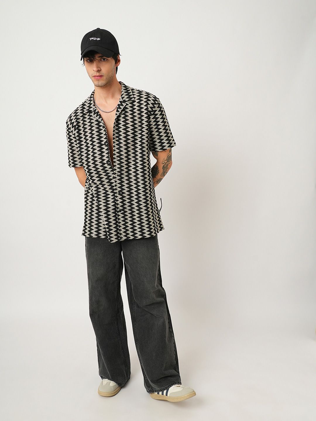 VASTRADO Men Classic Cuban Collar Chevron Printed Cotton Oversized Casual Shirt