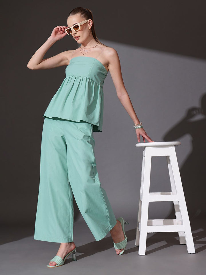 STREET 9 Solid Off Shoulder Top With Flared Trousers Co-Ords