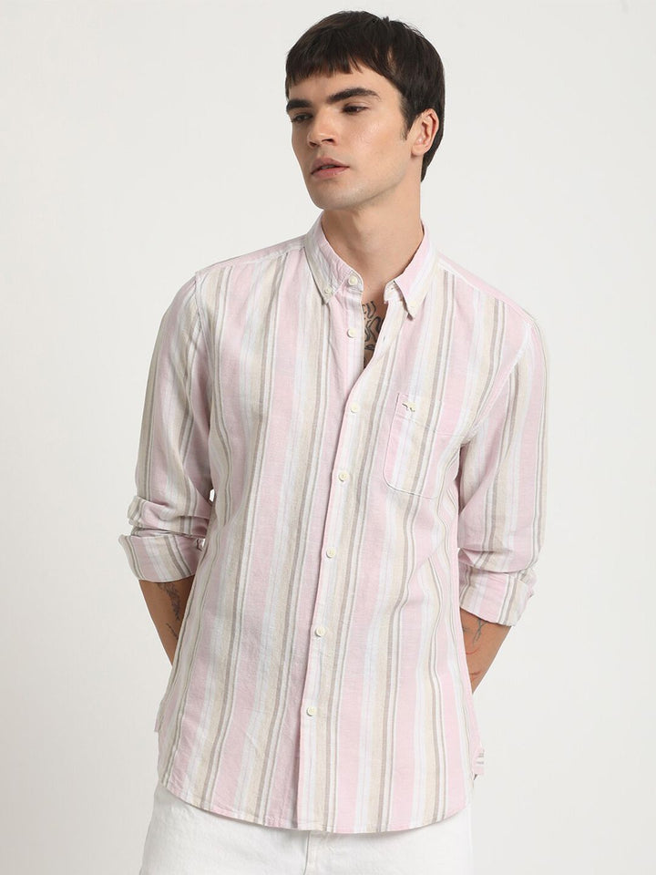 THE BEAR HOUSE Slim Fit Vertical Striped Button-Down Collar Cotton Linen Casual Shirt