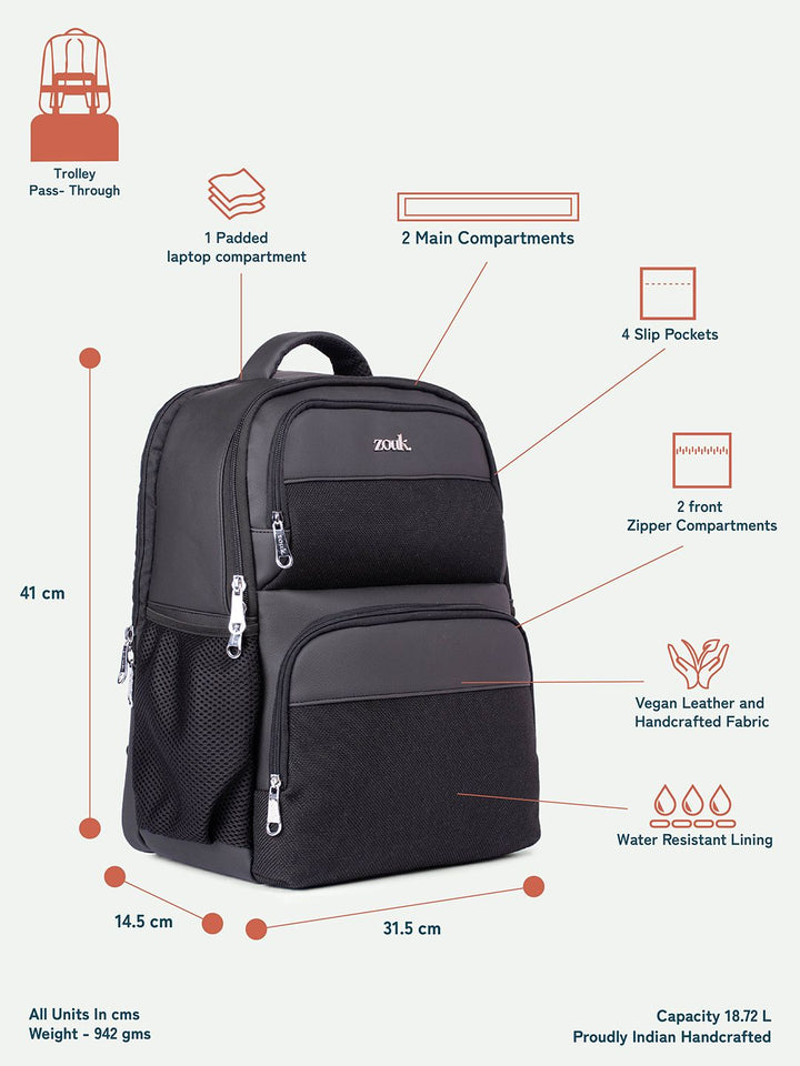 Zouk Jet Unisex Padded Vegan Leather Backpack-up hingga 16 inci