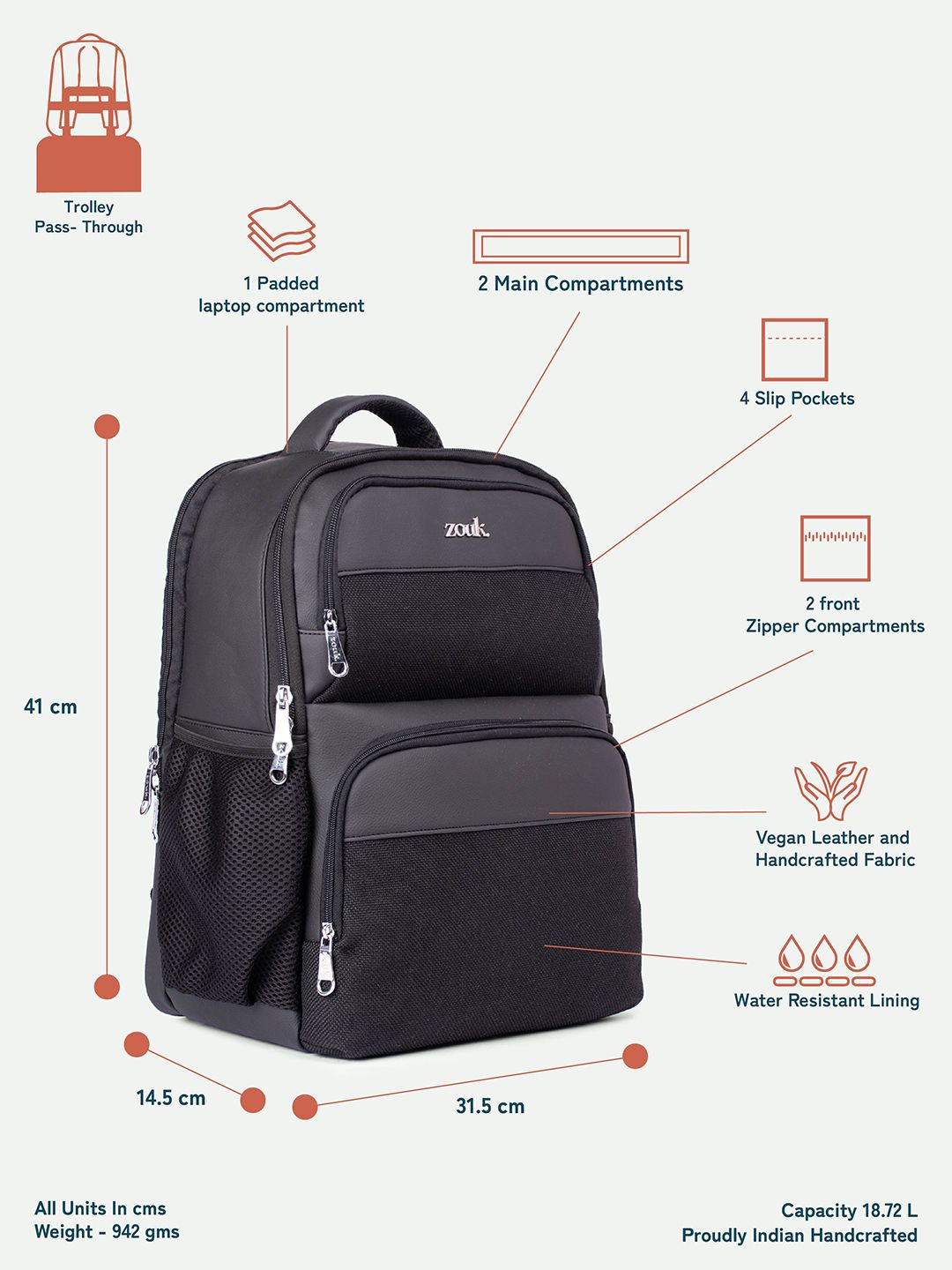 Zouk Jet Unisex Padded Vegan Leather Backpack-up hingga 16 inci