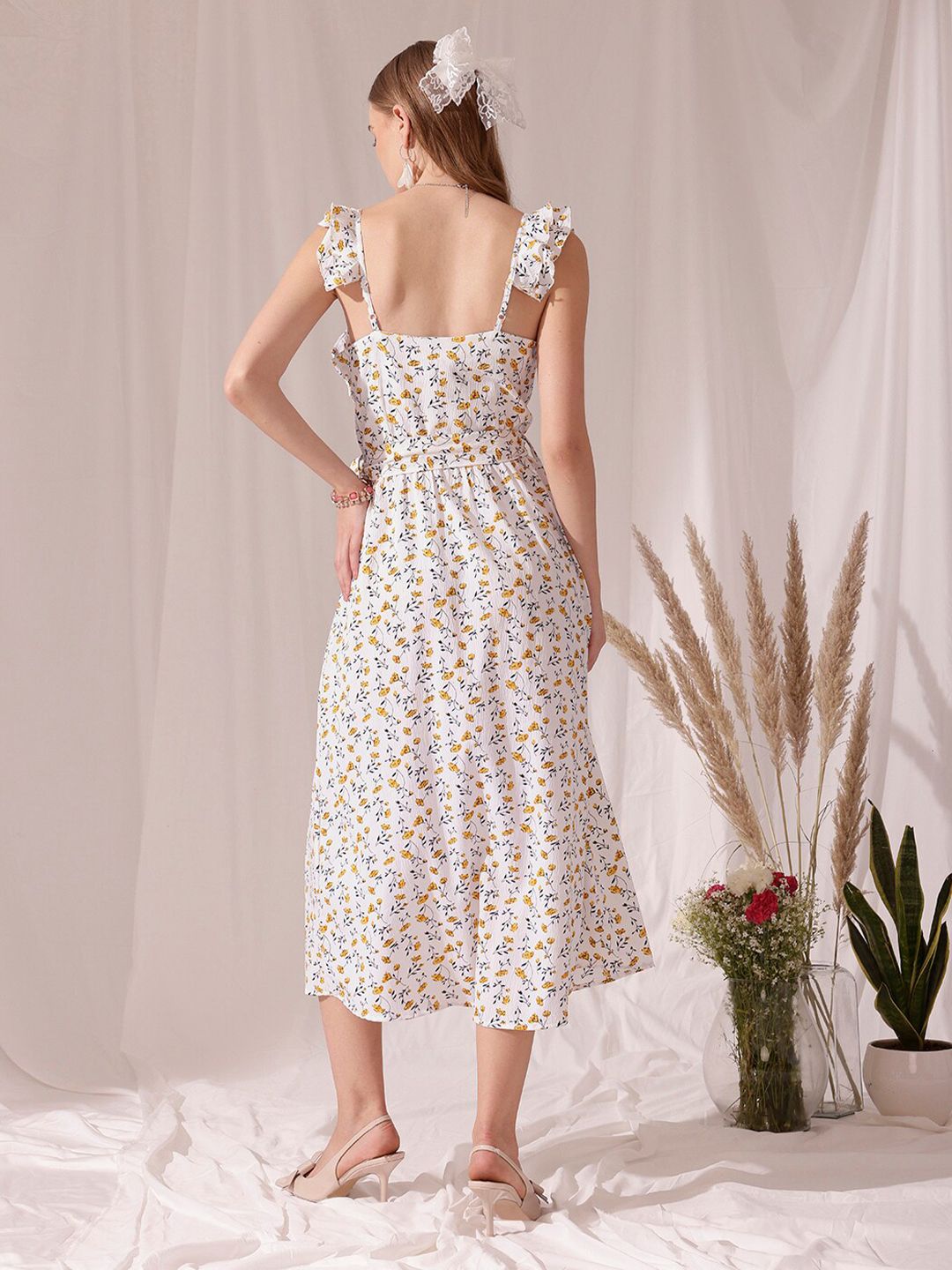 STREET 9 Floral Printed Flutter Sleeves Crepe Fit & Flare Midi Dress