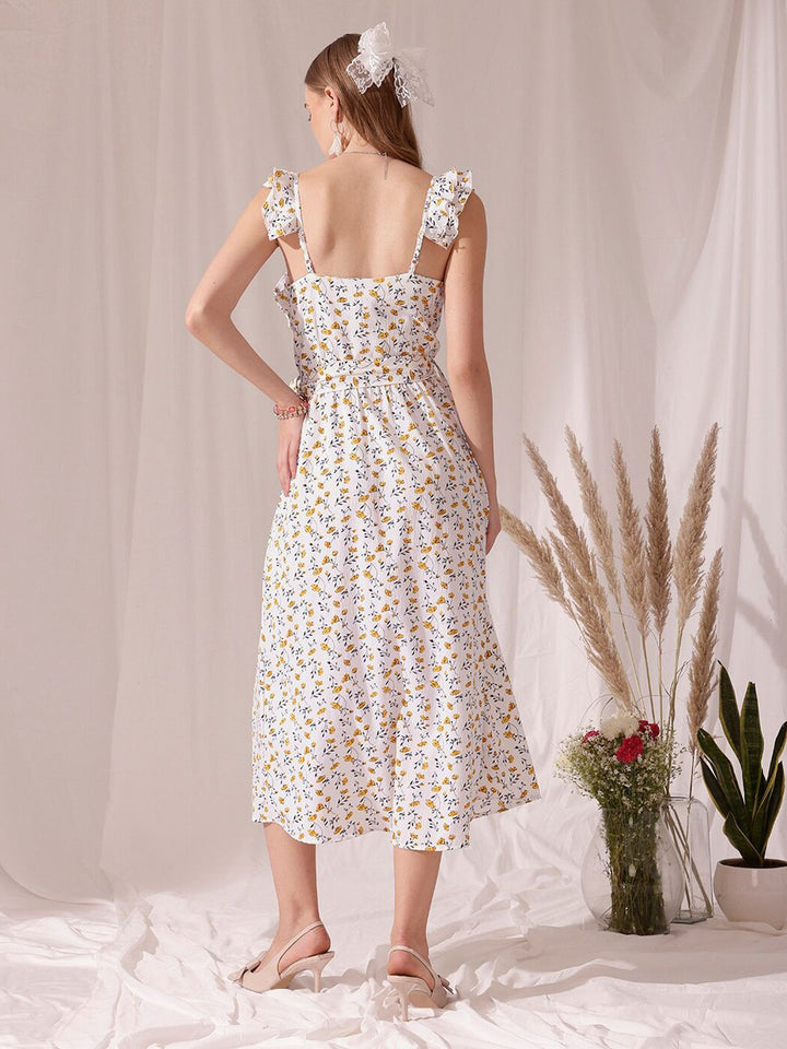 STREET 9 Floral Printed Flutter Sleeves Crepe Fit & Flare Midi Dress