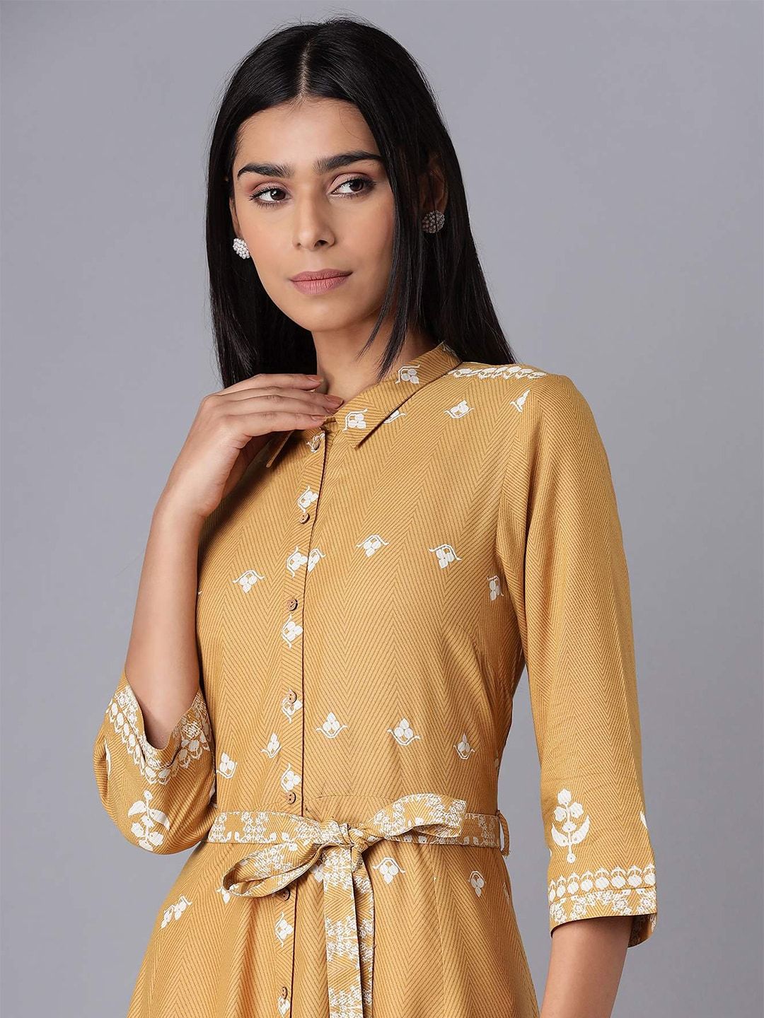 W Yellow Ethnic Motifs A-Line Midi Dress