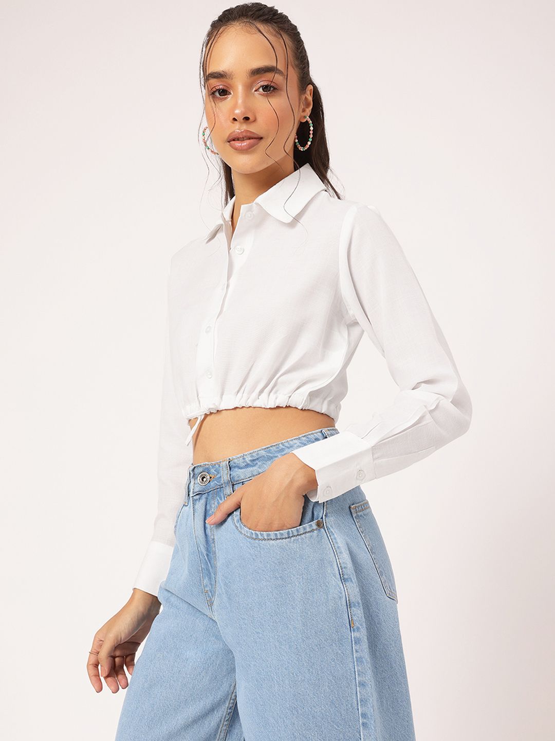 DressBerry Timeless Ties Cinched Waist Crop Shirt Style Top