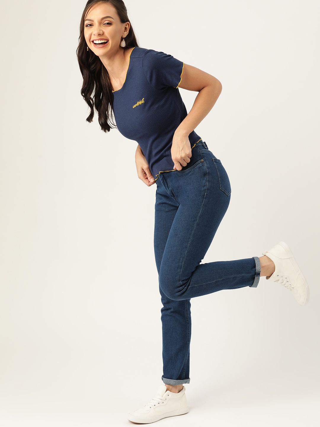 DressBerry Women Navy Blue Solid Ribbed Regular Top