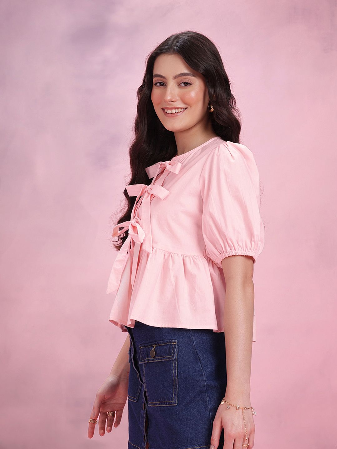 DressBerry Bow Tie-Ups Cotton Peplum Top