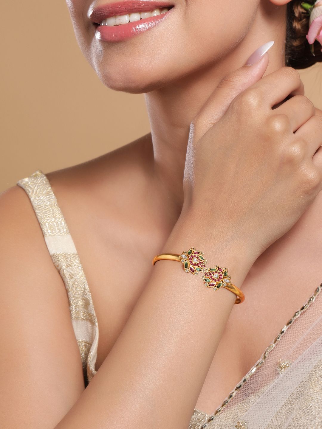 Rubans 18K Gold-Plated Ruby Pink, Green & White Kundan Studded Openable Bangle