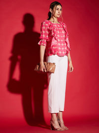 SASSAFRAS Pink Geometric Printed Ruffles Detailed Regular Top