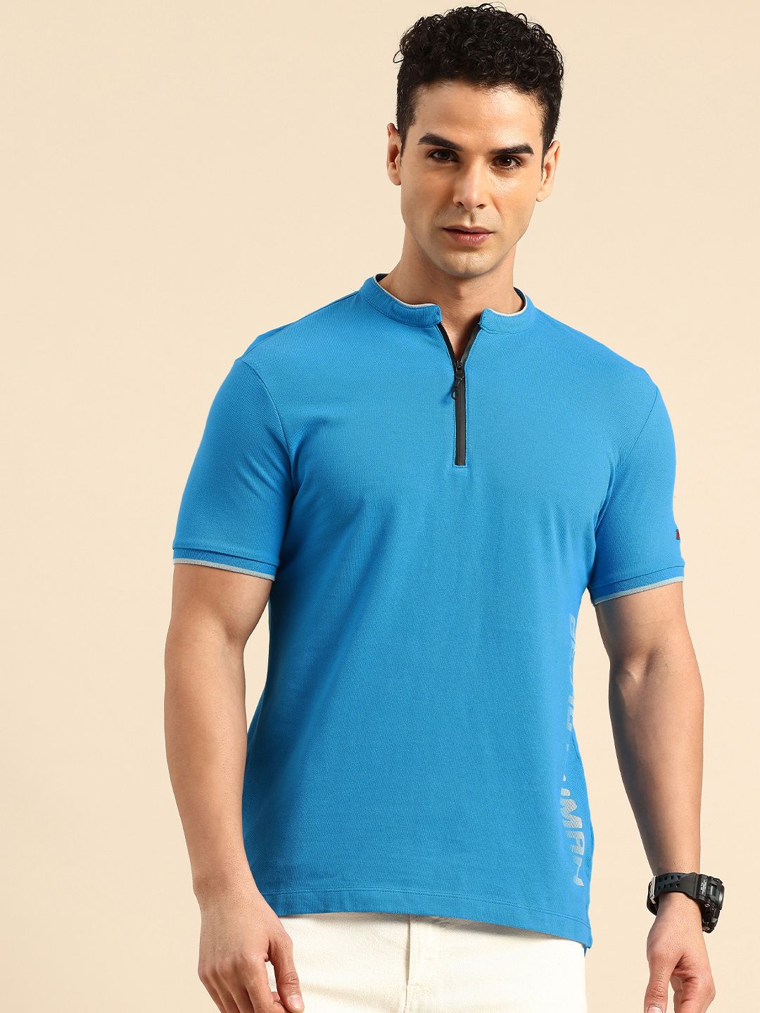 Being Human Pure Cotton Brand Logo Printed Henley Neck T-shirt