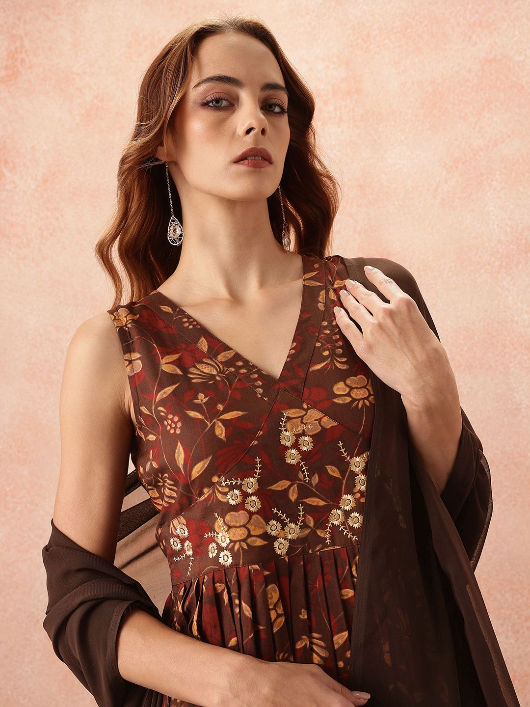 all about you Floral Print Flared Ethnic Dress With Dupatta