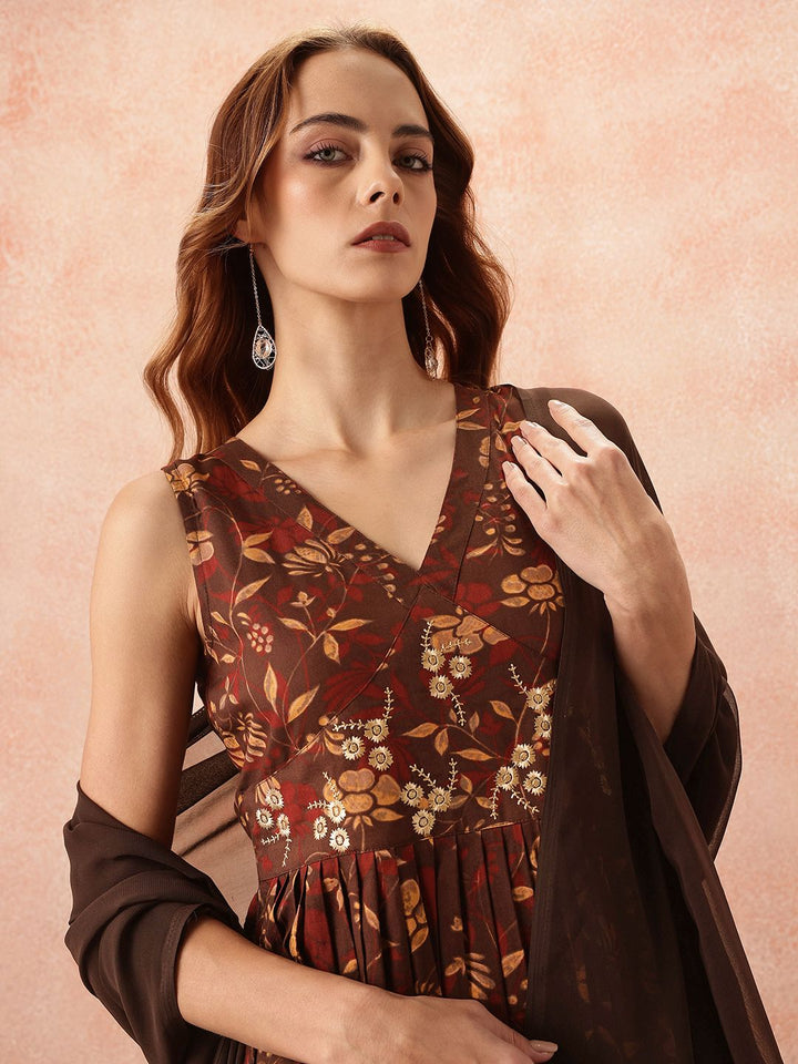 all about you Floral Print Flared Ethnic Dress With Dupatta