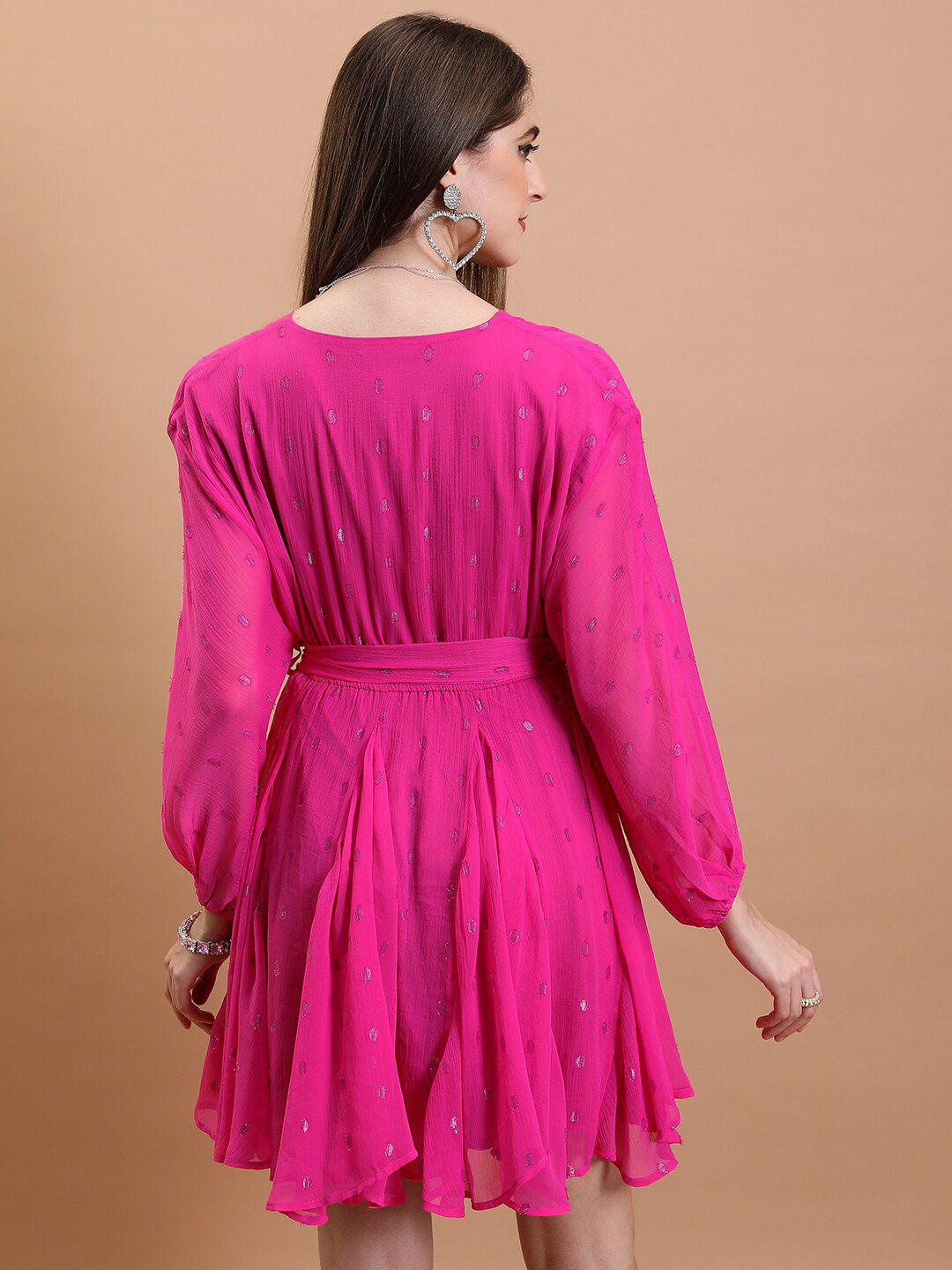 Tokyo Talkies Abstract Printed tiV-Neck Puff Sleeves Tie-Ups Detail Fit & Flare Mini Dress