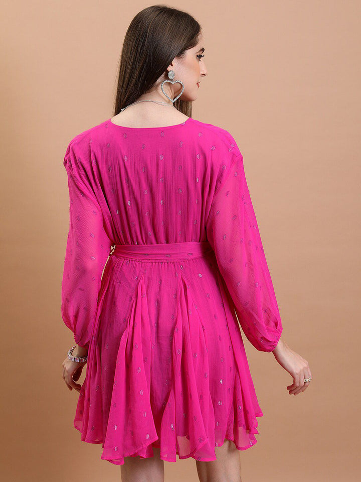 Tokyo Talkies Abstract Printed tiV-Neck Puff Sleeves Tie-Ups Detail Fit & Flare Mini Dress