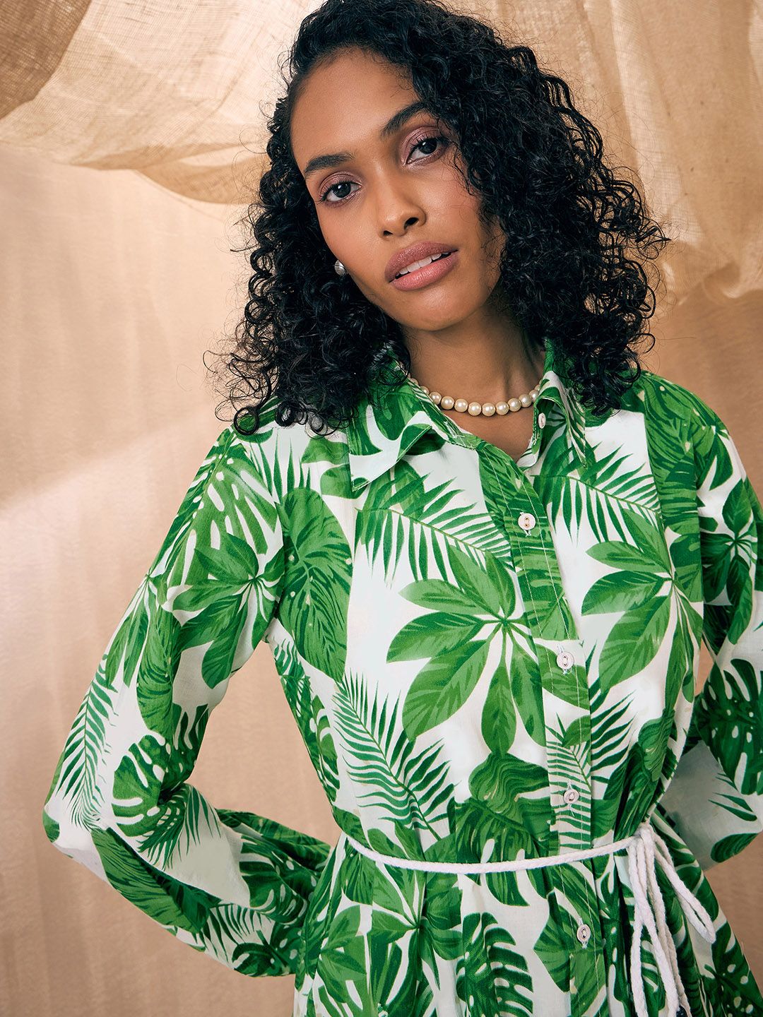 Pink Paprika by SASSAFRAS Green Tropical Printed Belted Shirt Dress