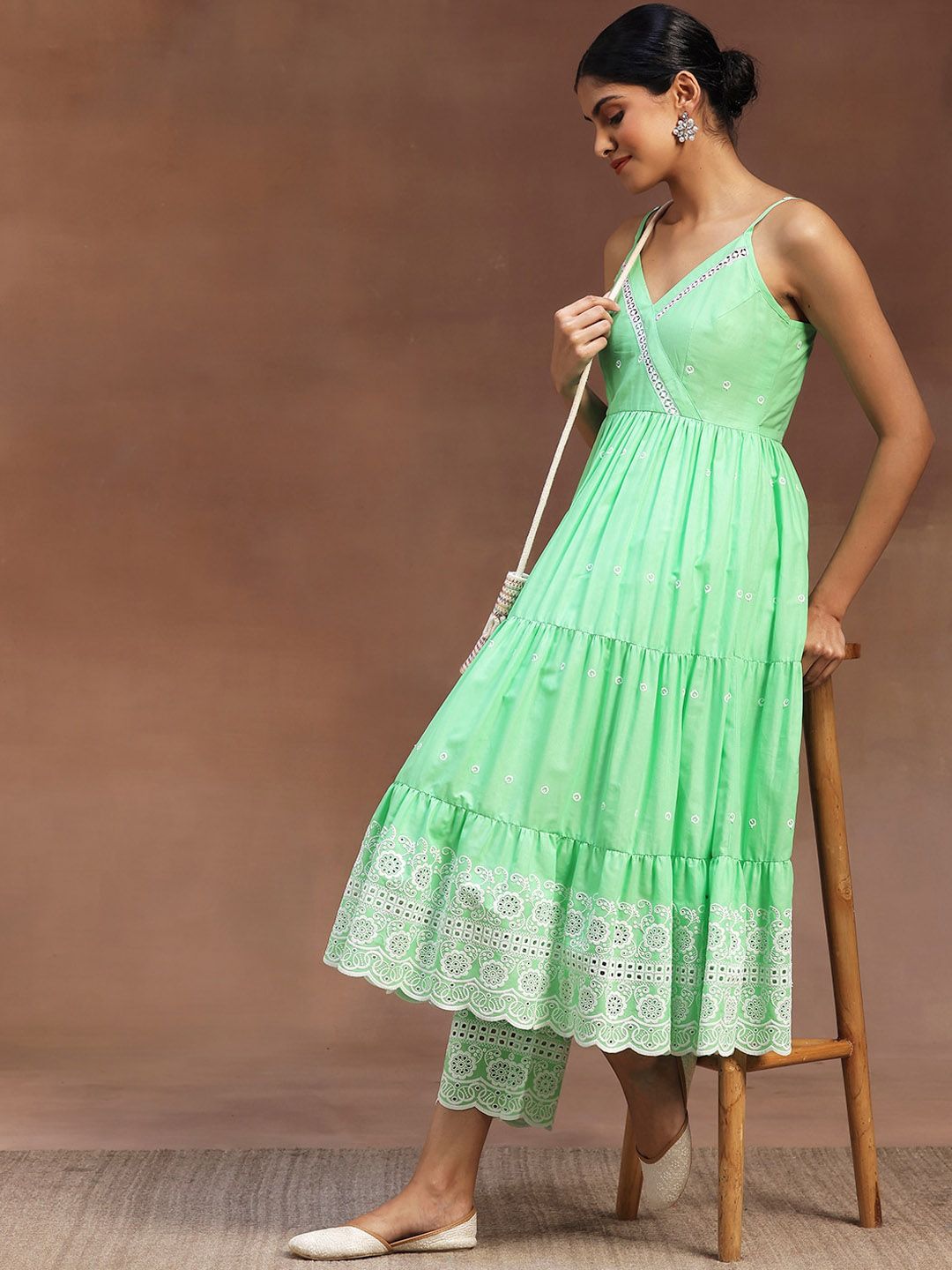 Libas Shoulder Strap Thread Work Pure Cotton Kurta with Trousers