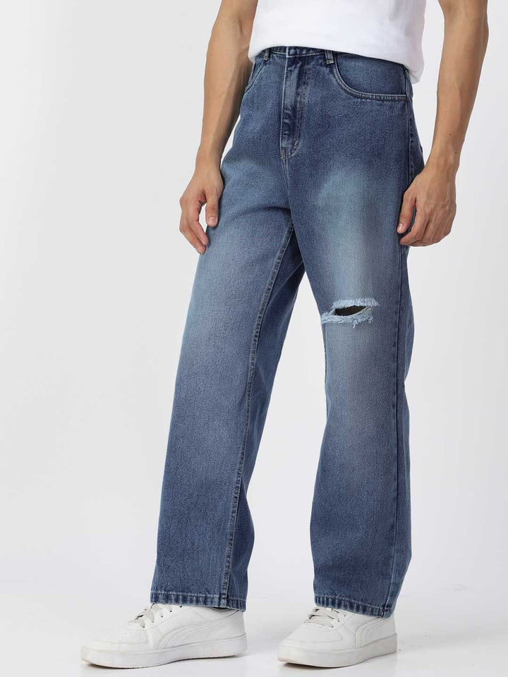 Urbano Fashion Men Pure Cotton Loose Relaxed Fit Slash Knee Heavy Fade Jeans