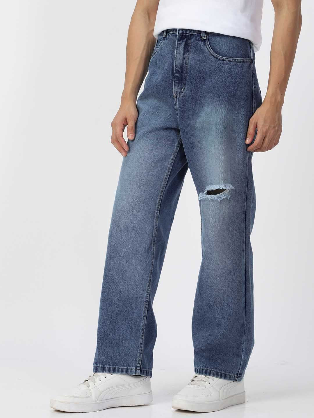 Urbano Fashion Men Pure Cotton Loose Relaxed Fit Slash Knee Heavy Fade Jeans
