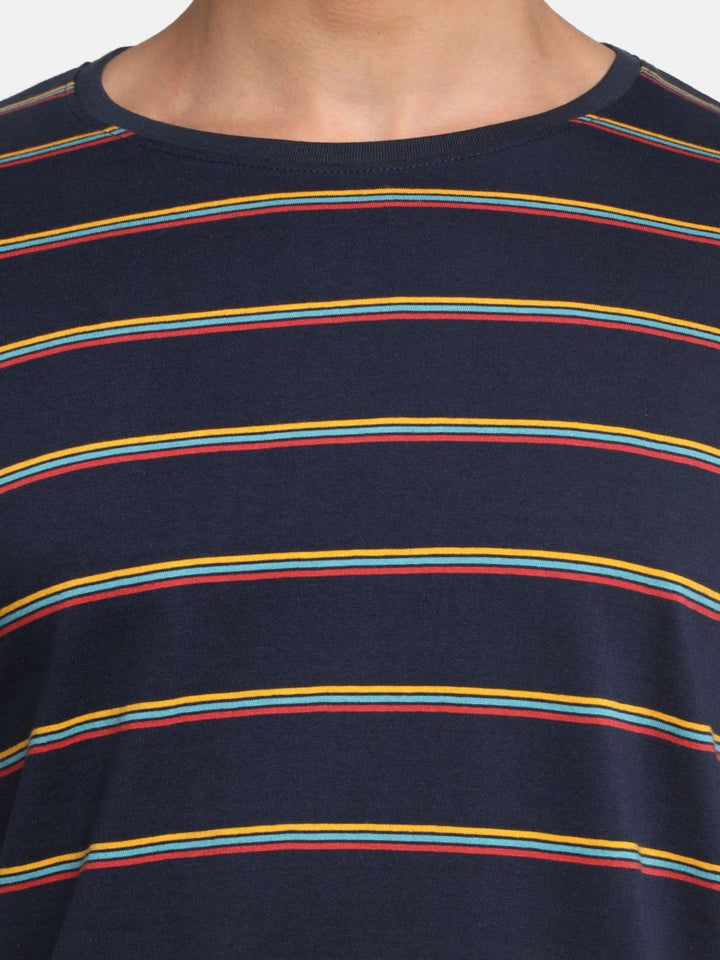 ADRO Lelaki Berjalur Leher Bulat T-shirt Kapas