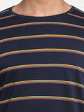 ADRO Lelaki Berjalur Leher Bulat T-shirt Kapas
