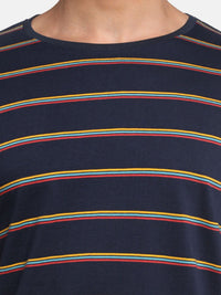 ADRO Lelaki Berjalur Leher Bulat T-shirt Kapas