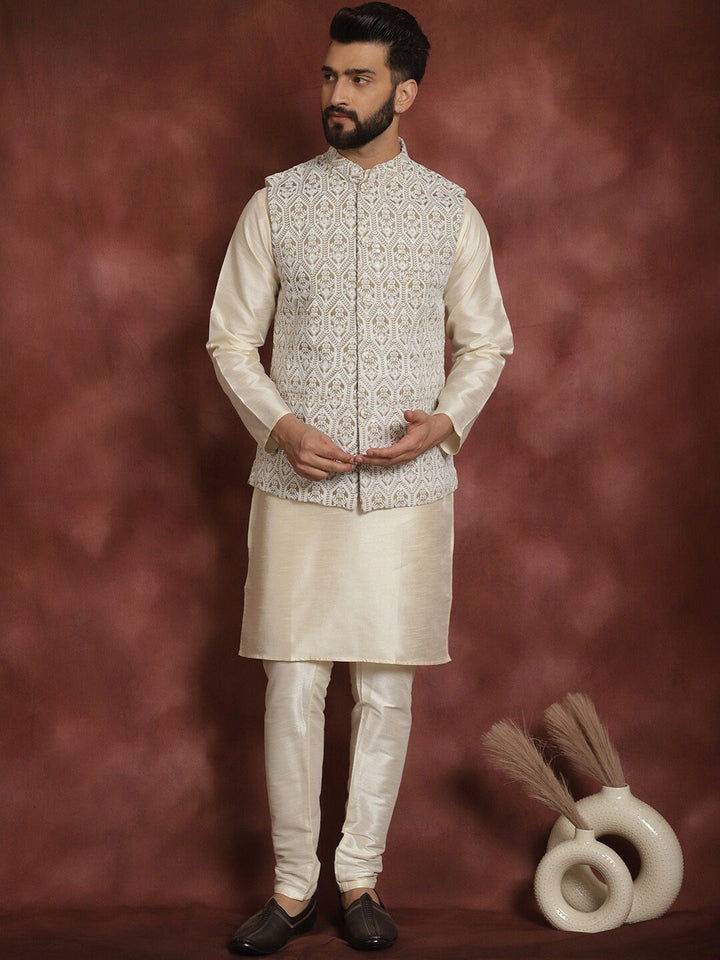 Anouk Men Geometric Embroidered Thread Work Straight Kurta With Churidar & Nehru Jacket