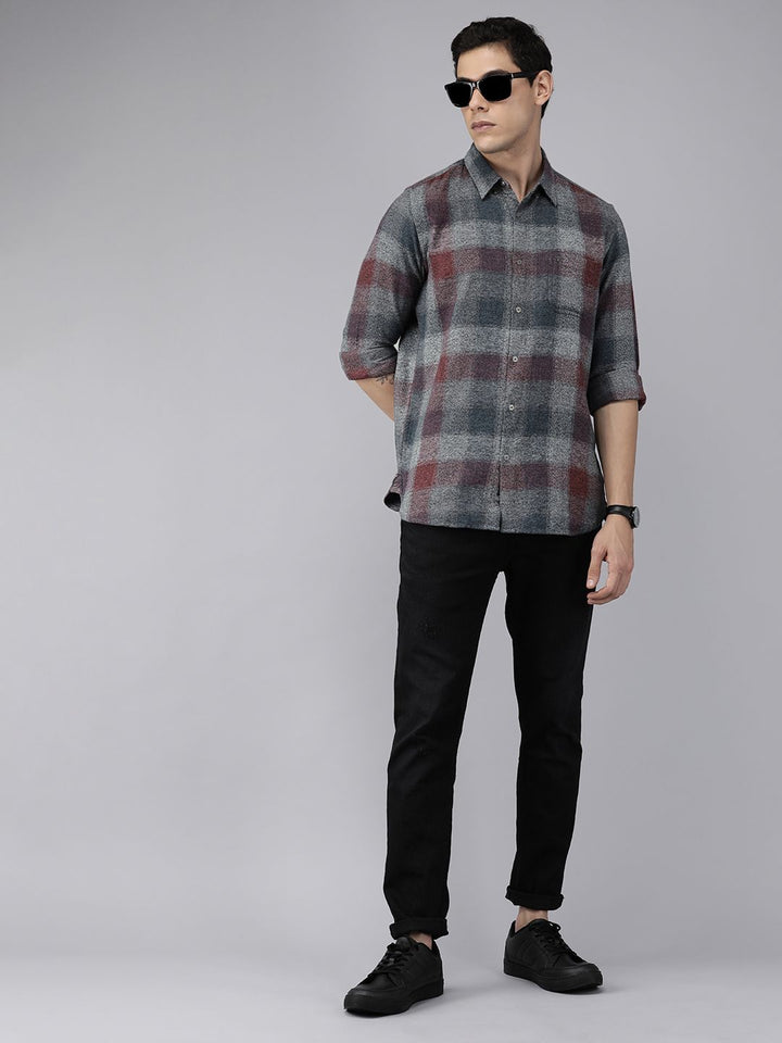 THE BEAR HOUSE Men Blue Pure Cotton Slim Fit Checked Casual Shirt