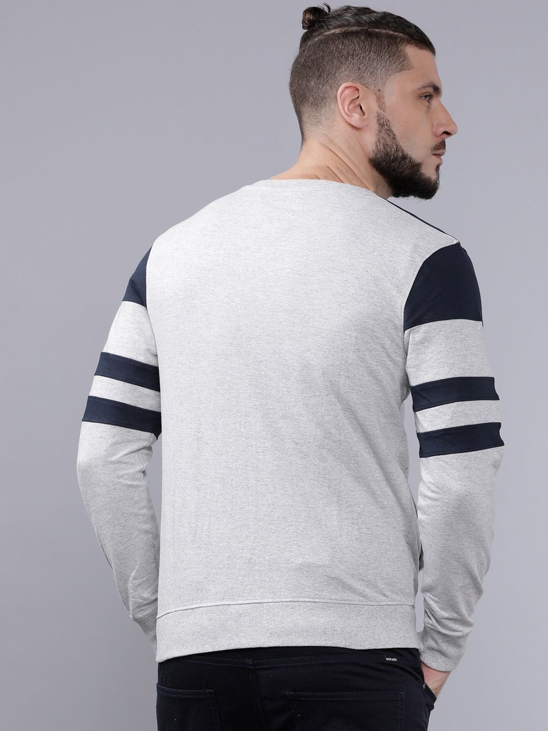 The Indian Garage Co Men Grey Melange & Navy Blue Colourblocked Sweatshirt