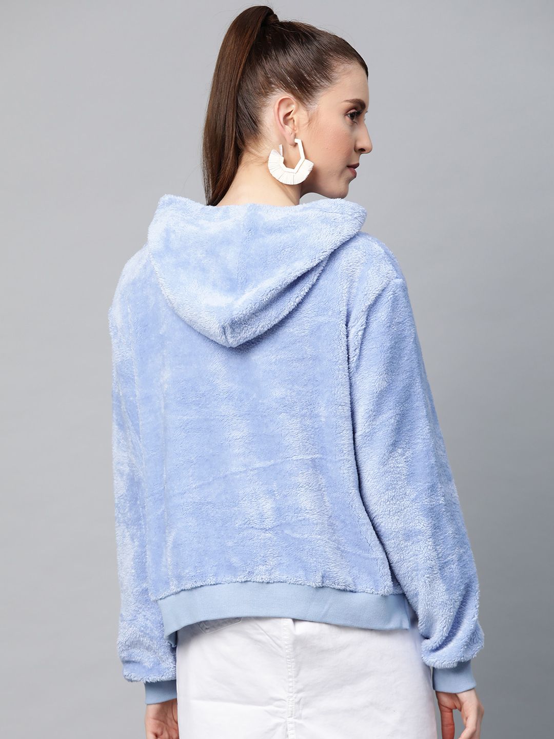 SASSAFRAS Women Blue Faux Fur Solid Hooded Sweatshirt