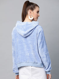 SASSAFRAS Women Blue Faux Fur Solid Hooded Sweatshirt