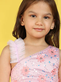 Nauti Nati Girls Embellished One Shoulder Sequined Net Fit & Flare Dress