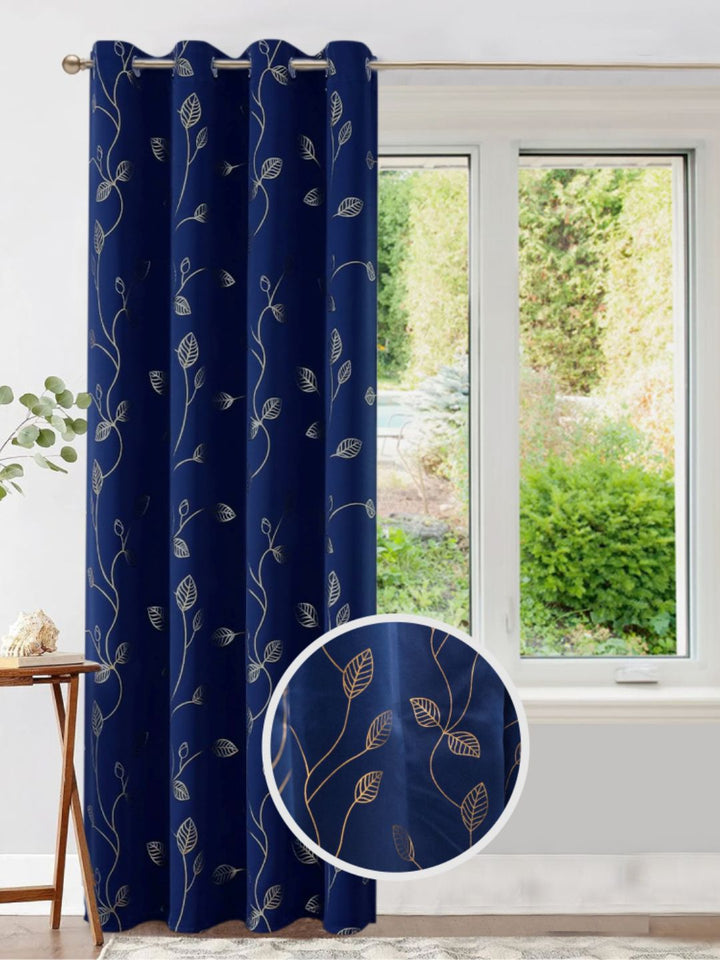 URBAN SPACE Navy Blue & Gold-Toned Floral Printed Black Out Door Curtain