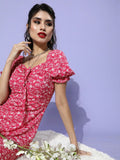 Berrylush Fuchsia & White Floral Puff Sleeves Crepe A-Line Midi Dress