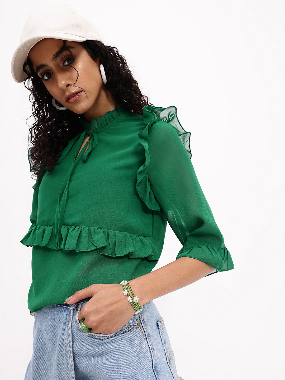 DressBerry Flirty Ruffles Touch Tie-Up Neck Bell Sleeves Top
