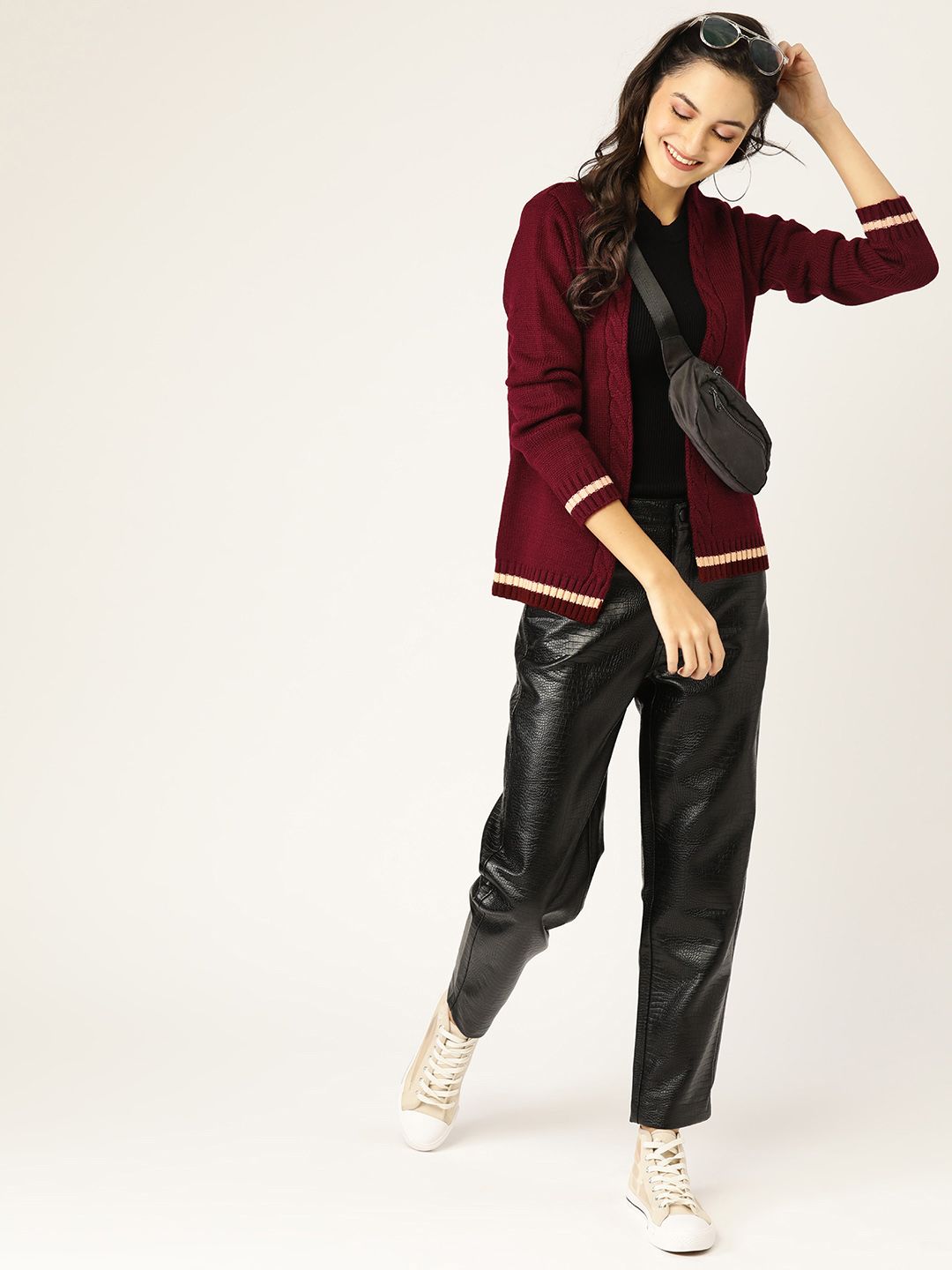 DressBerry Women Maroon Solid Open Front Sweater