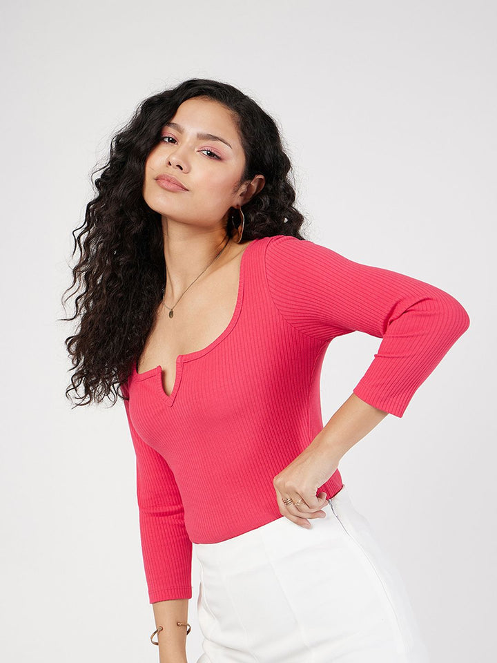SASSAFRAS Red Ribbed Square Neck Fitted Top