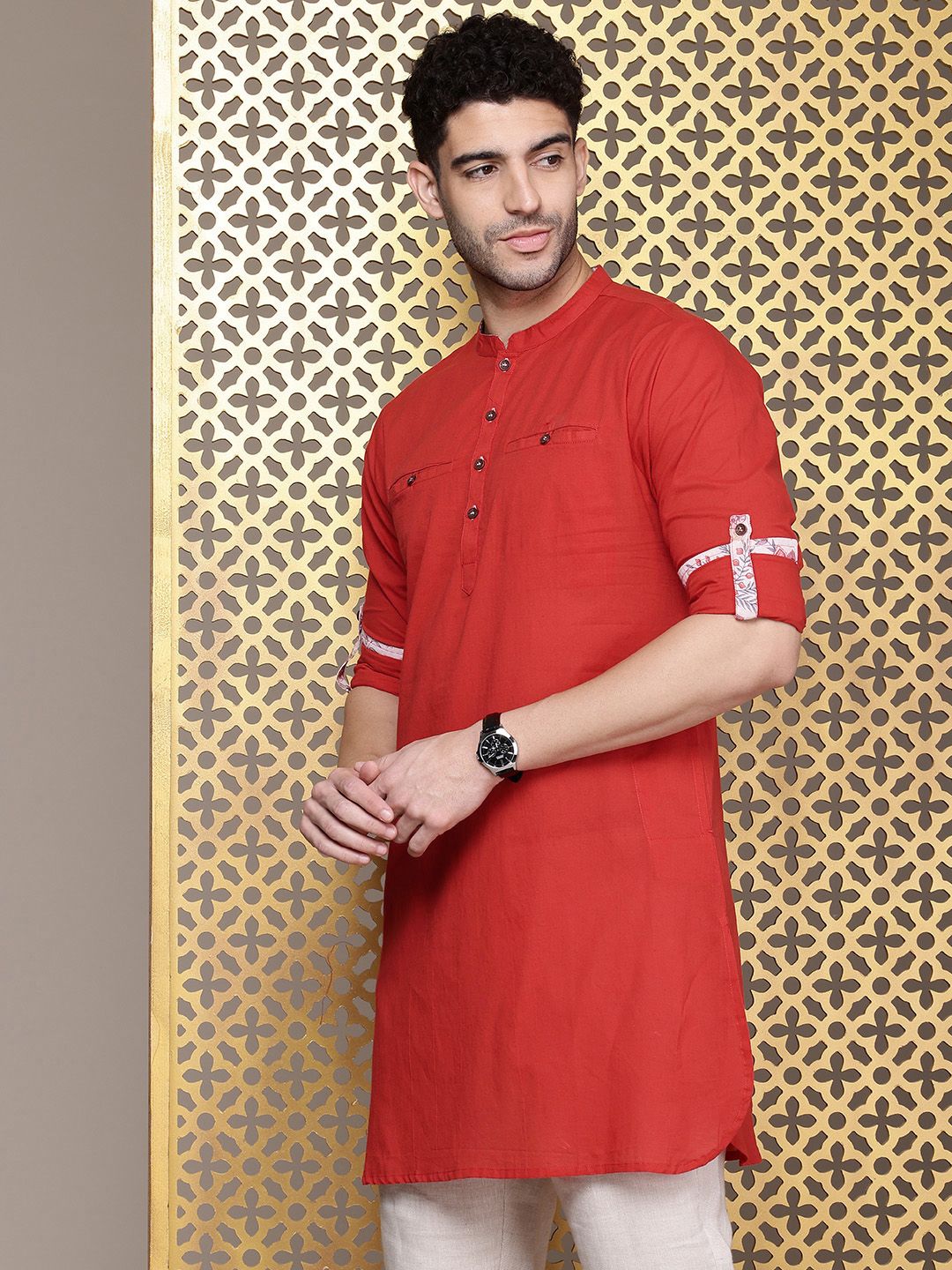 House of Pataudi Mandarin Collar Roll-Up Sleeves Pure Cotton Pathani Rozana Kurta