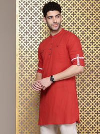 House of Pataudi Mandarin Collar Roll-Up Sleeves Pure Cotton Pathani Rozana Kurta