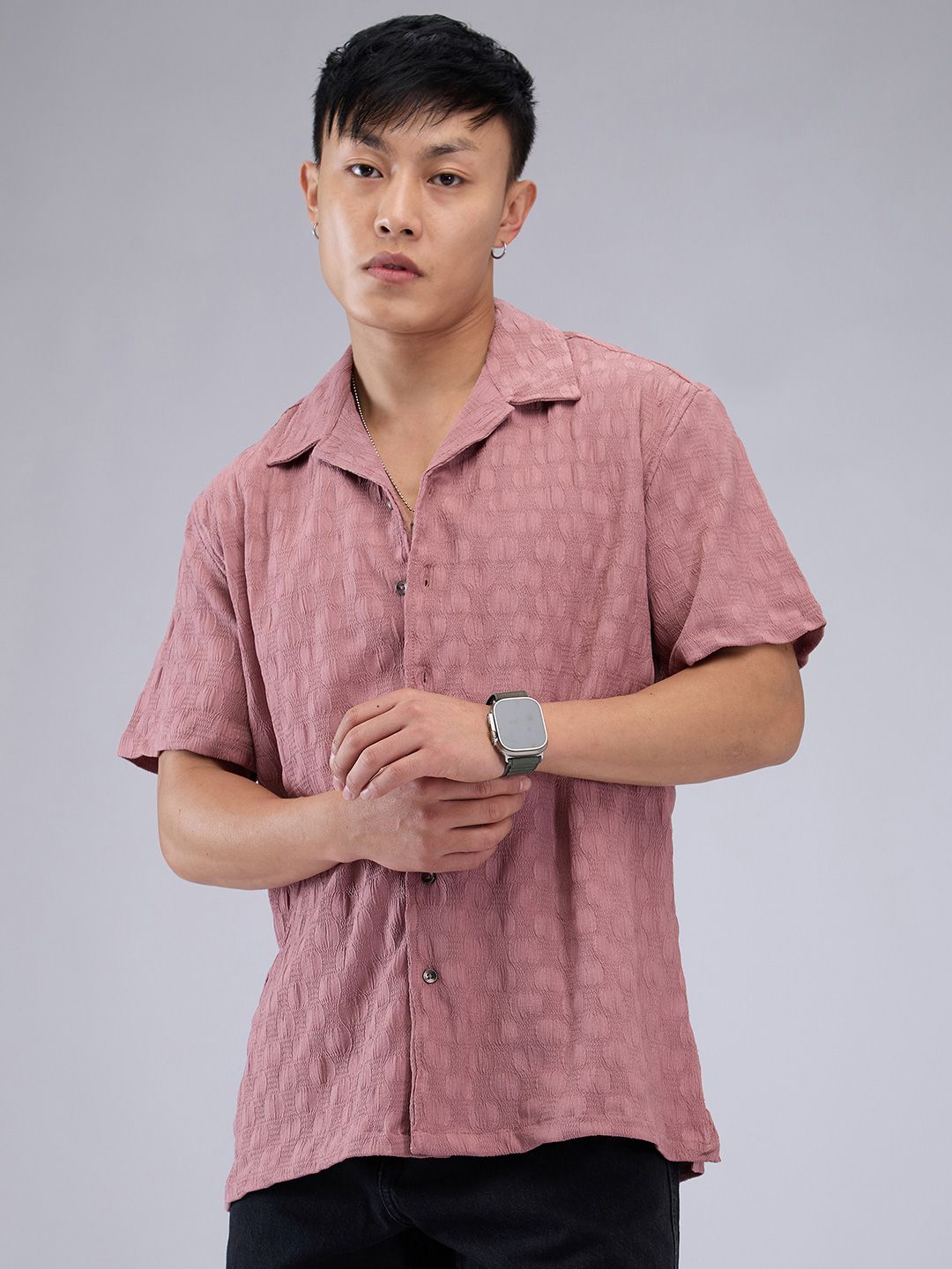 VASTRADO Men Classic Cuban Collar Textured Oversized Casual Shirt