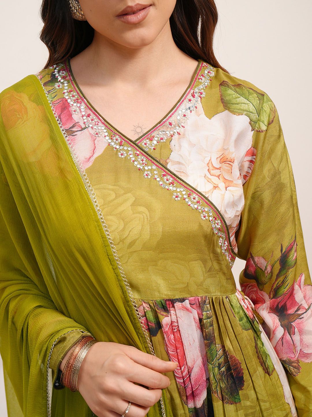 Vishudh V Neck Floral Printed Angrakha Beads and Stones Kurta Set