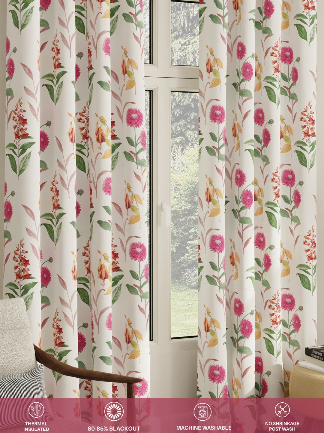 URBAN SPACE Pack of 2 White & Pink Floral Printed Room Darkening Door Curtain