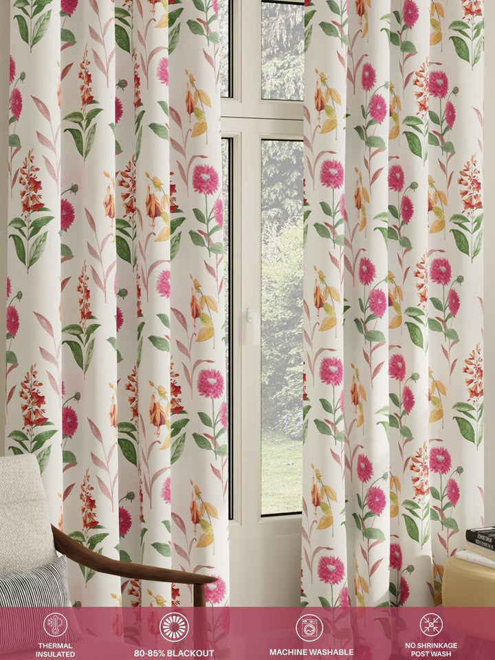 URBAN SPACE Pack of 2 White & Pink Floral Printed Room Darkening Door Curtain