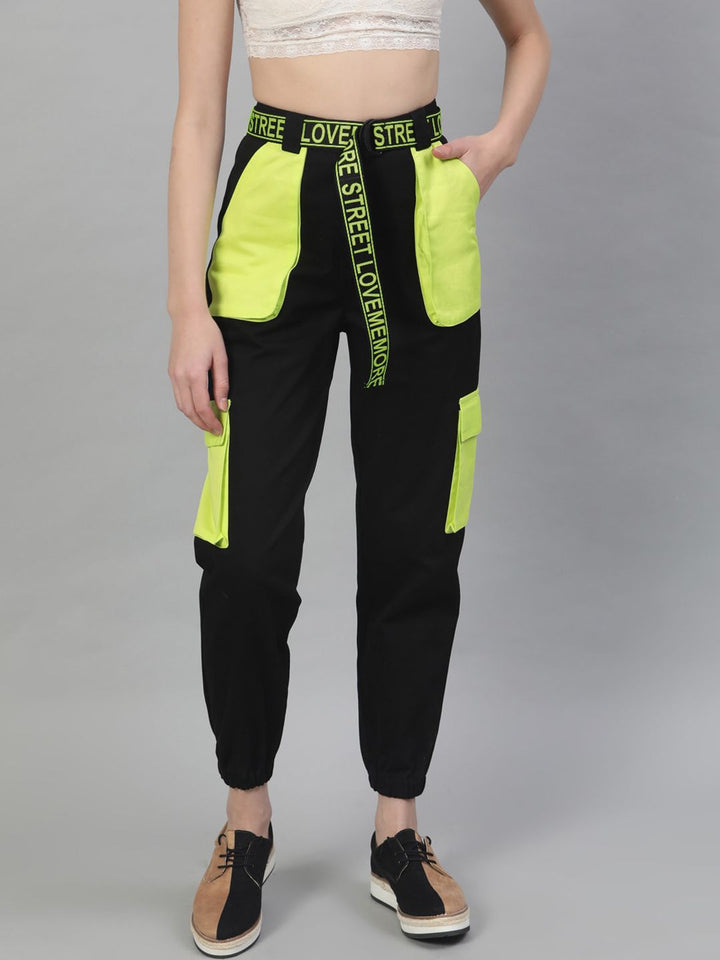 STREET 9 Women Black & Yellow Regular Fit Printed Joggers