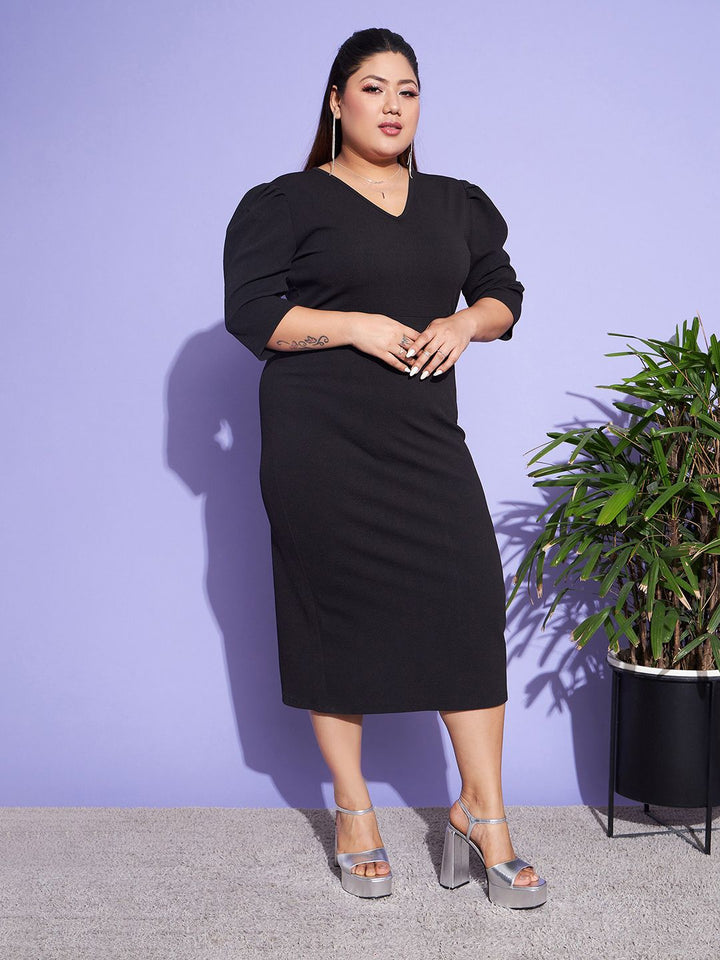 SASSAFRAS Curve Black Plus Size V-Neck Puff Sleeves Sheath Midi Dress