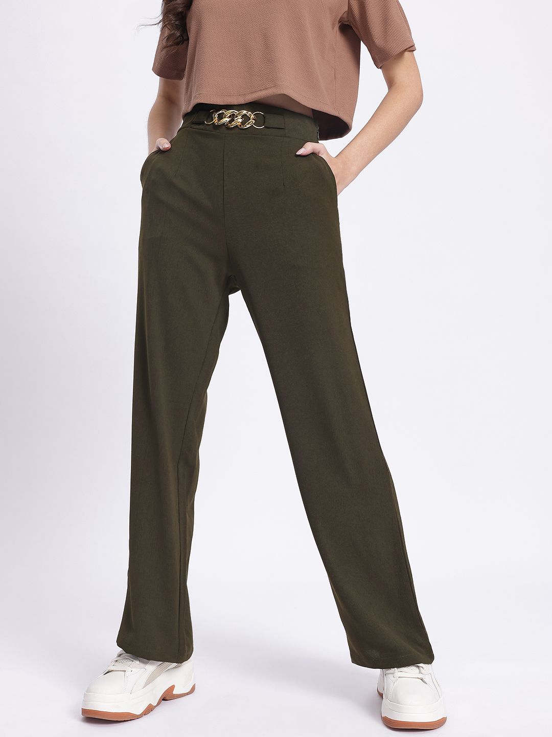 DressBerry Women Versatile Vibes Textured Buckled Trousers