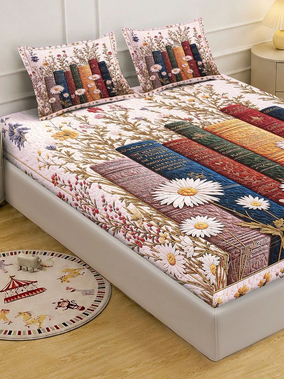 Myntra Elegant Homes Blue & Pink Floral 400 TC King Bedsheet with 2 Pillow Covers