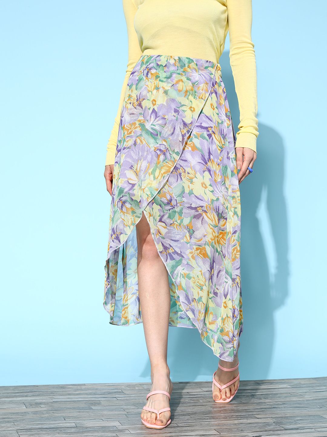 Berrylush Women Purple & Yellow Georgette Floral Print Tulip Hem Skirt