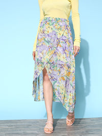 Berrylush Women Purple & Yellow Georgette Floral Print Tulip Hem Skirt