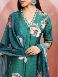 Vishudh Green Floral Printed Thread Work Straight Kurta With Trousers & Dupatta